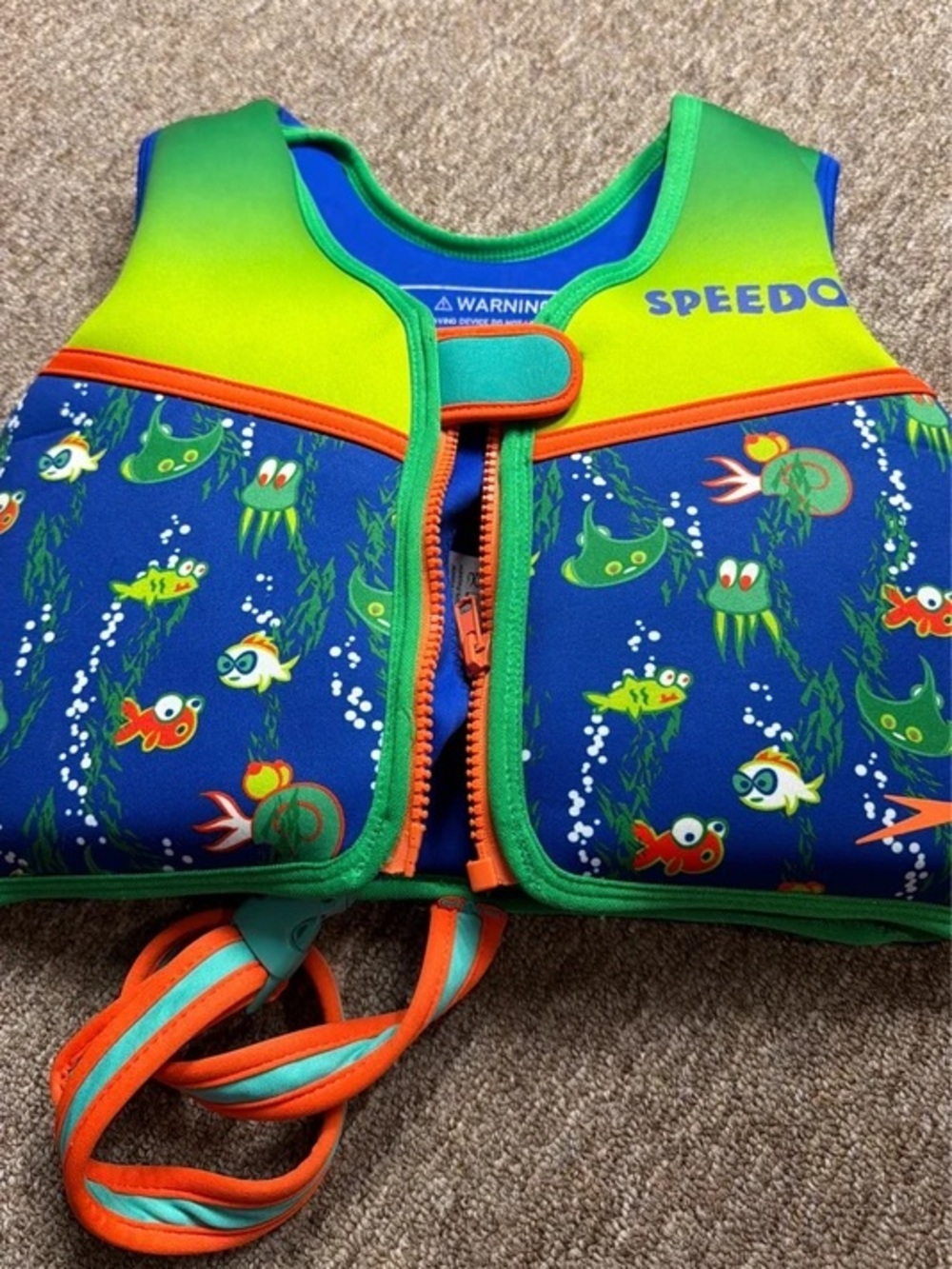 Speedo Kids Green & Blue Fish Print Swim Vest with Orange Trim Size 2-4